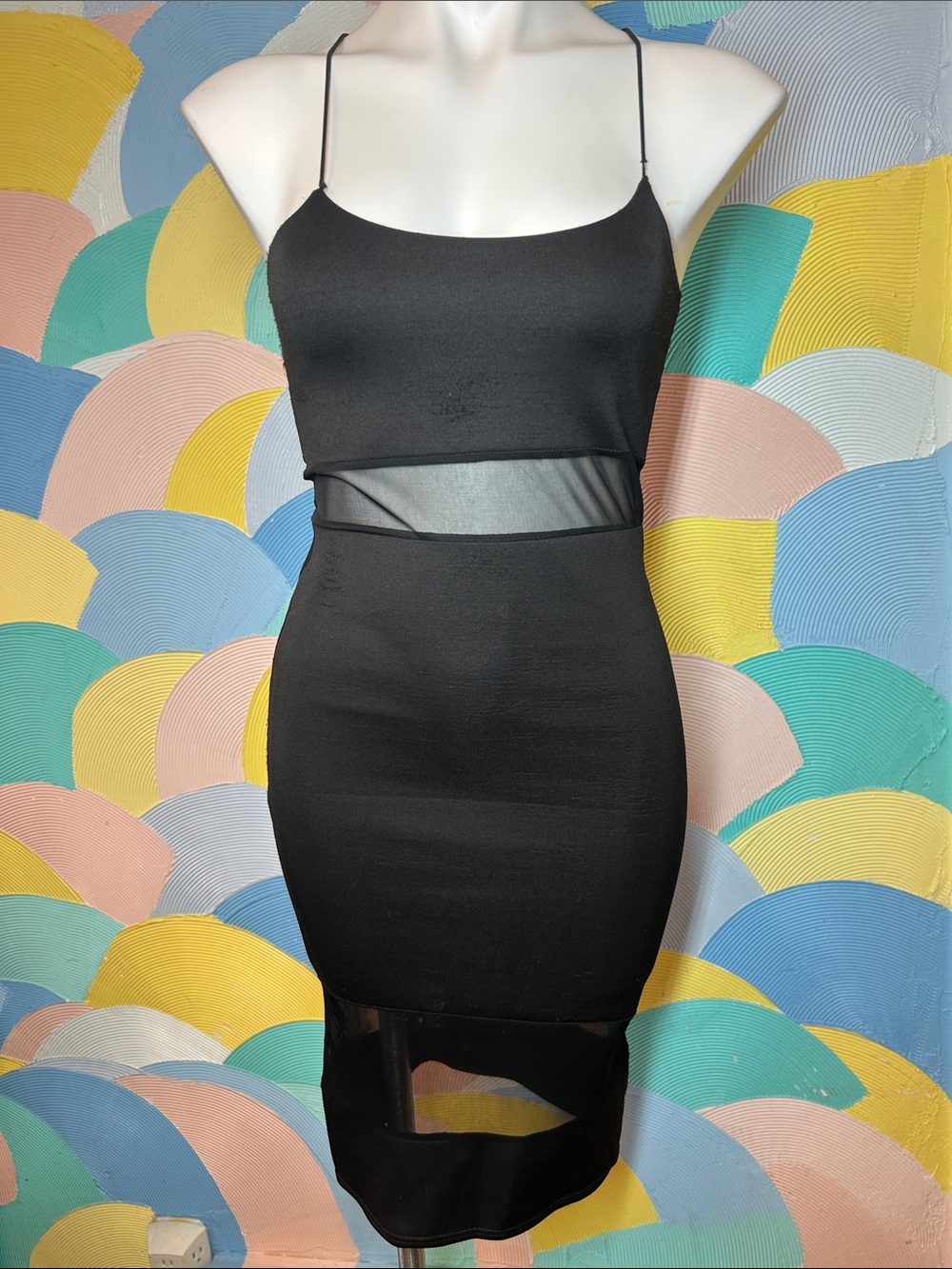 Missguided Black Mesh-Trim Spaghetti Strap Bodycon Dress women’s sz M
